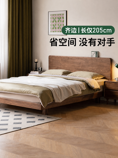 实木床双人床现代简约小户型齐边床黑胡桃木大板床悬浮床