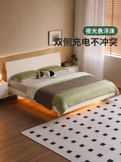 实木床奶油风家具卧室悬浮床简约夜光双人床白色大床